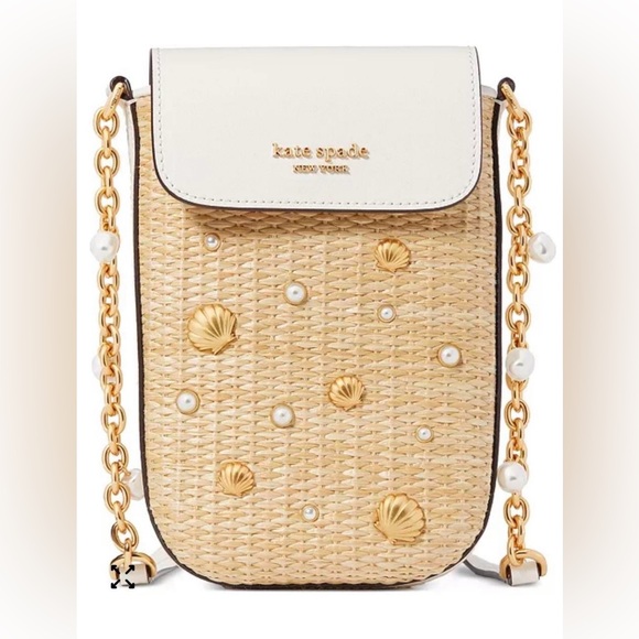 Kate Spade Sea Creatures Embellished Woven Straw Phone Crossbody. - Picture 1 of 8